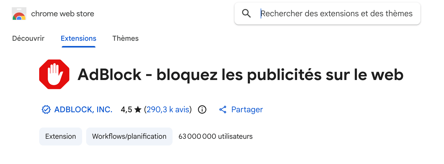 Fiche AdBlock sur le Chrome Web Store, avec le nom de l'éditeur et le lien vers son site
