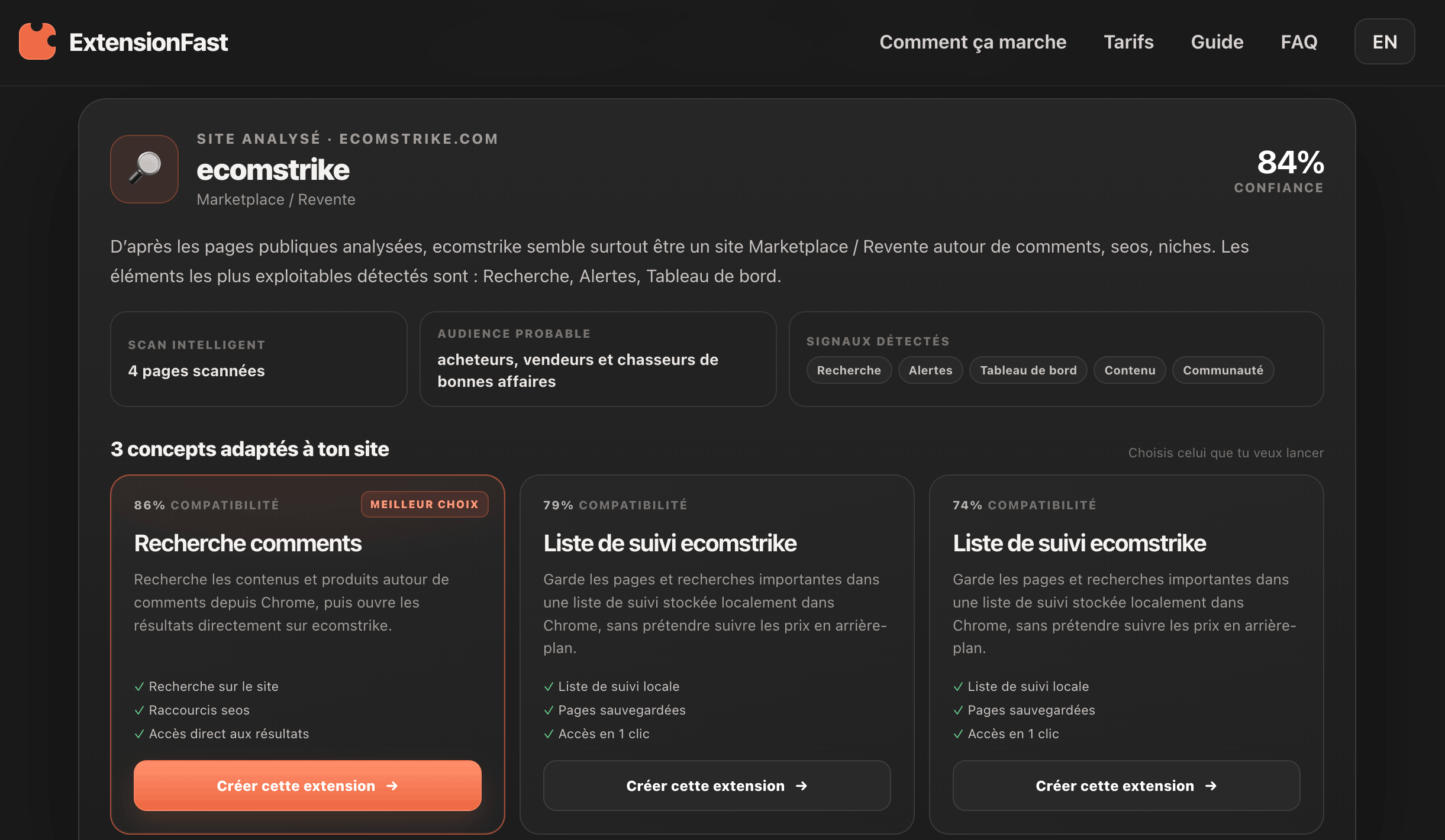 Résultat d'une analyse de site proposant trois concepts d'extension avec leur taux de compatibilité